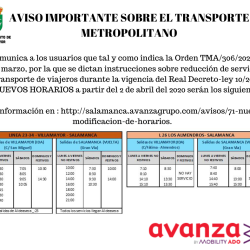 Nueva Modificación de los Horarios del Autobús Metropolitano. Desde el 2 de abril, y hasta nuevo aviso.